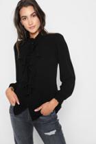 7 For All Mankind Long Sleeve Ruffled Top In Black