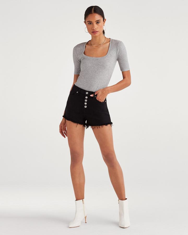 7 For All Mankind Women's High Waist Short With Frayed Hem And Exposed Button Fly In Pitch Black