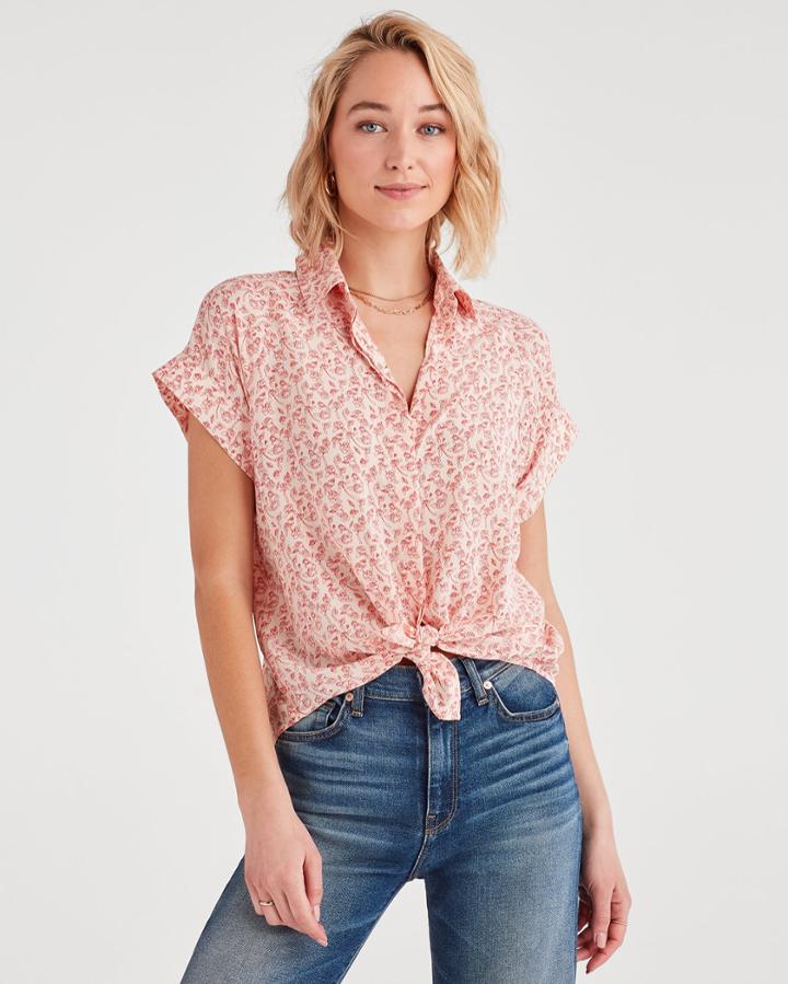 7 For All Mankind Tie Front Short Sleeve Shirt With Floral Print In Pink Sunrise