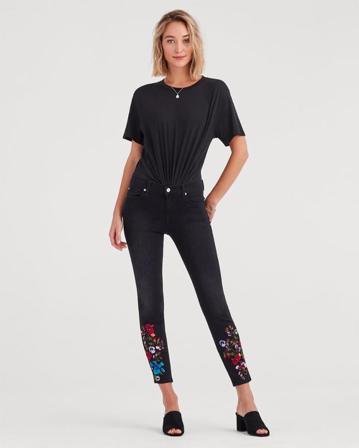 7 For All Mankind The Ankle Skinny With Embroidery In Black Sateen