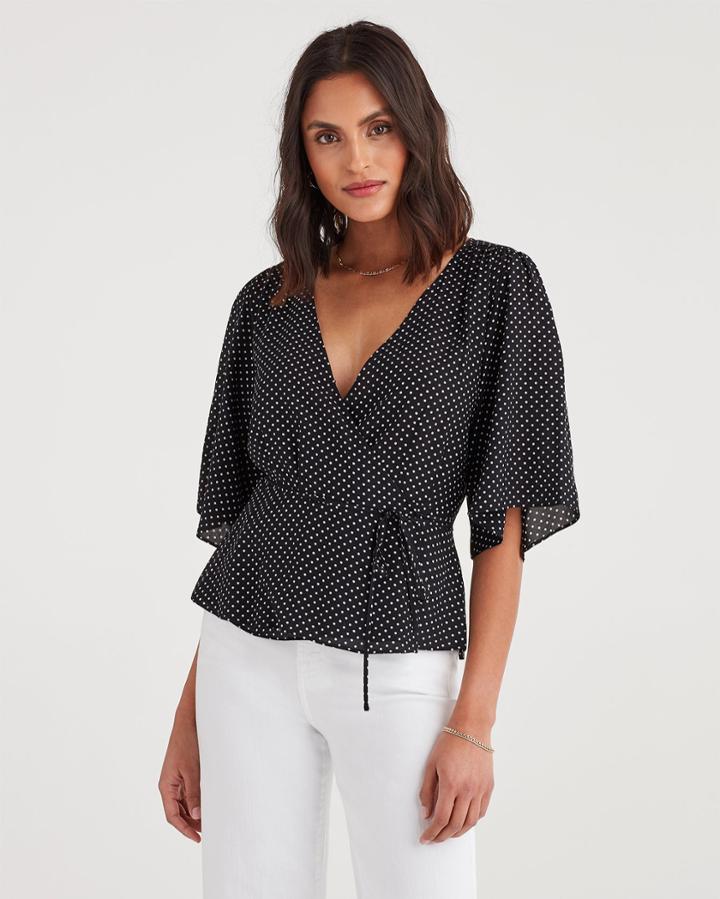 7 For All Mankind Women's Wrap Front Short Sleeve Top In Black And White Polka Dot