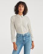 7 For All Mankind Women's Tie Front Botton Up Shirt With Rouched Sleeve In Ivory Black