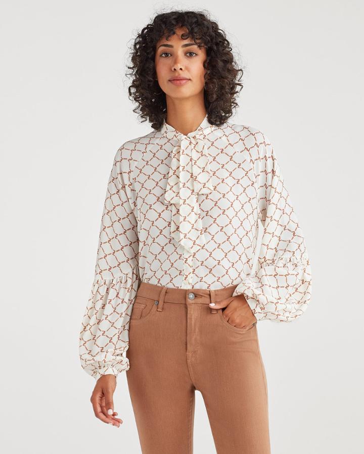 7 For All Mankind Women's Silk Blend Tie Neck Blouse In Soft White Chain Print