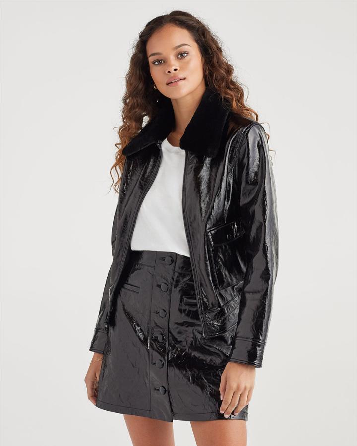 7 For All Mankind Women's Patch Pocket Leather Jacket With Faux Fur Collar
