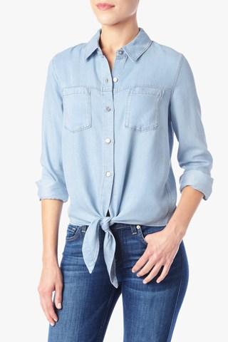 7 For All Mankind Tie Front Denim Shirt In Ibiza Clear Denim Blue