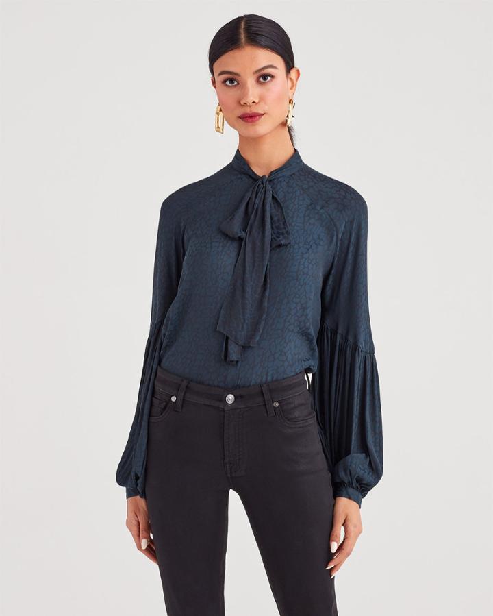 7 For All Mankind Bow Tie Blouson Top In Dark Green And Black Animal Print