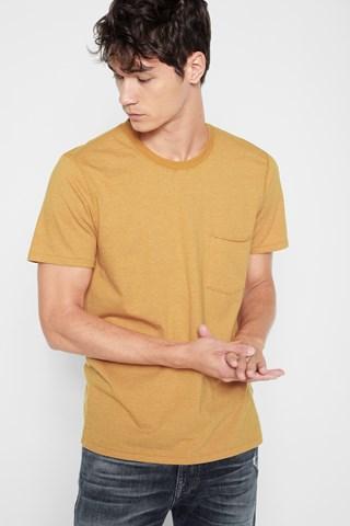 7 For All Mankind Short Sleeve Striped Ringer Tee In Ochre Ecru Feeder Stripe