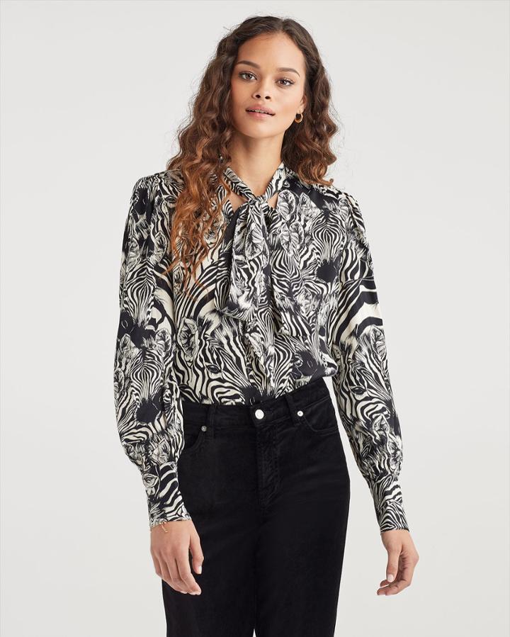 7 For All Mankind Women's Satin V-neck Tie Top In Zebra