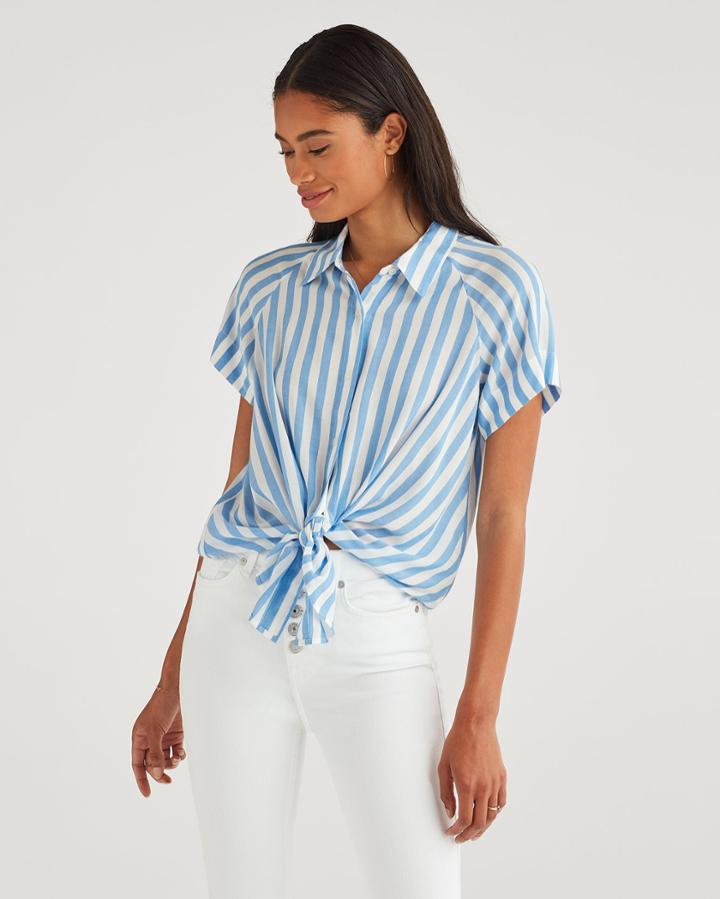 7 For All Mankind Women's Cap Sleeve Tie Front Shirt In Blue And White Stripe