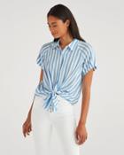 7 For All Mankind Women's Cap Sleeve Tie Front Shirt In Blue And White Stripe