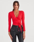 7 For All Mankind Long Sleeve Ribbed Wrap Top In Bright Red