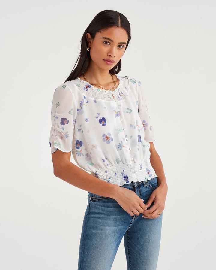7 For All Mankind Women's Smocked Button Up Top In Pansy Floral Print