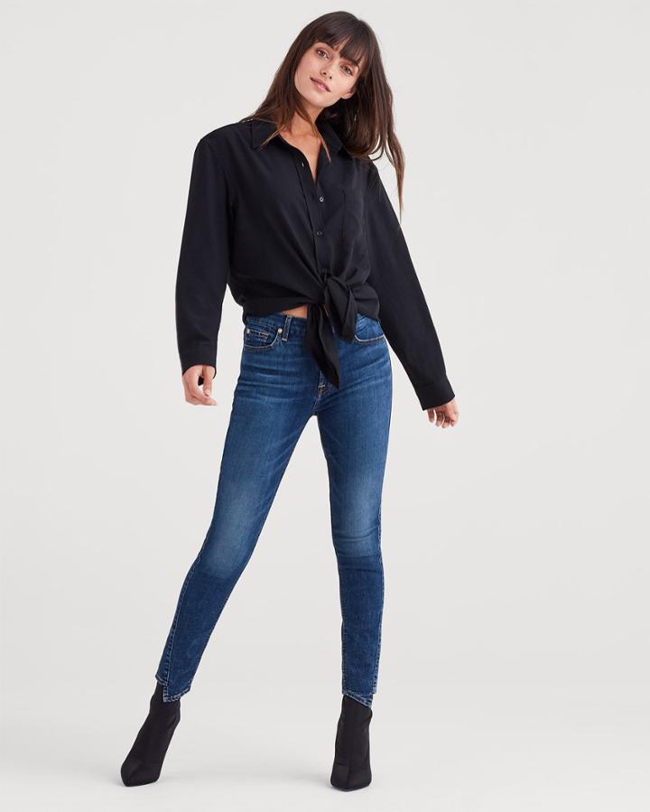 7 For All Mankind High Low Tie Front Shirt In Black