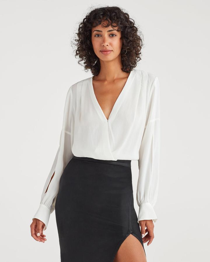 7 For All Mankind Women's Silk Blend Cross Front V-neck Top In Soft White