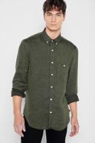 7 For All Mankind Long Sleeve Linen Oxford Shirt In Olive