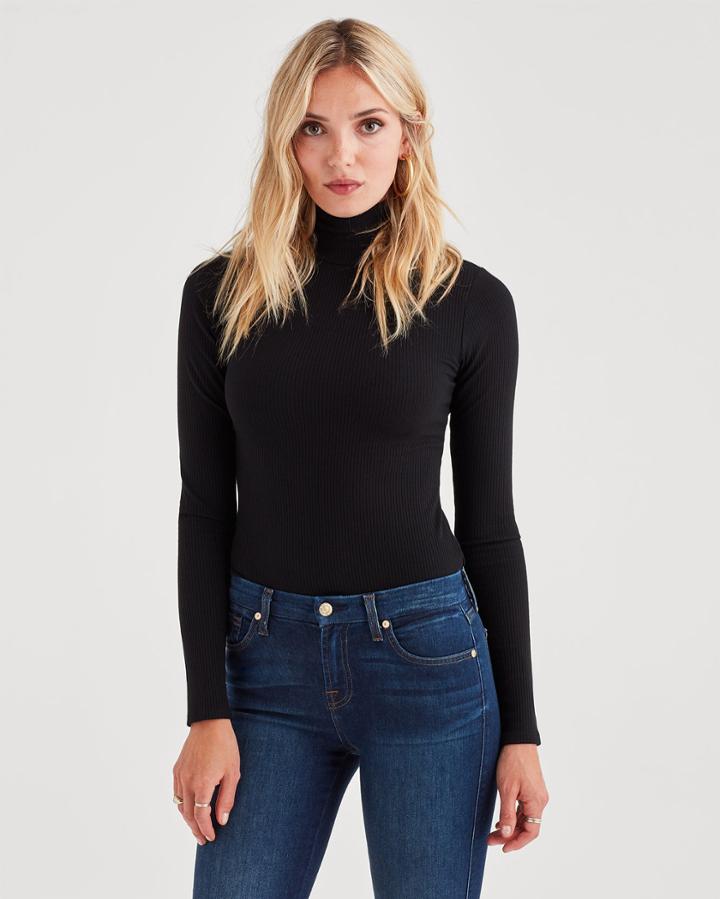 7 For All Mankind Rib Turtleneck Tee In Black