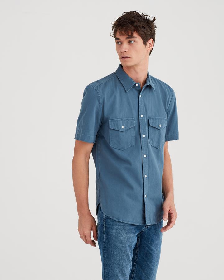 7 For All Mankind Short Sleeve Military Shirt In Cadet Blue