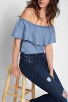 7 For All Mankind Off The Shoulder Denim Ruffle Top In Pacific Blue Sky