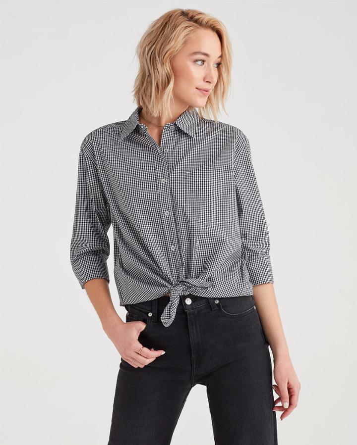 7 For All Mankind Gingham High Low Tie Front Shirt In Black And White