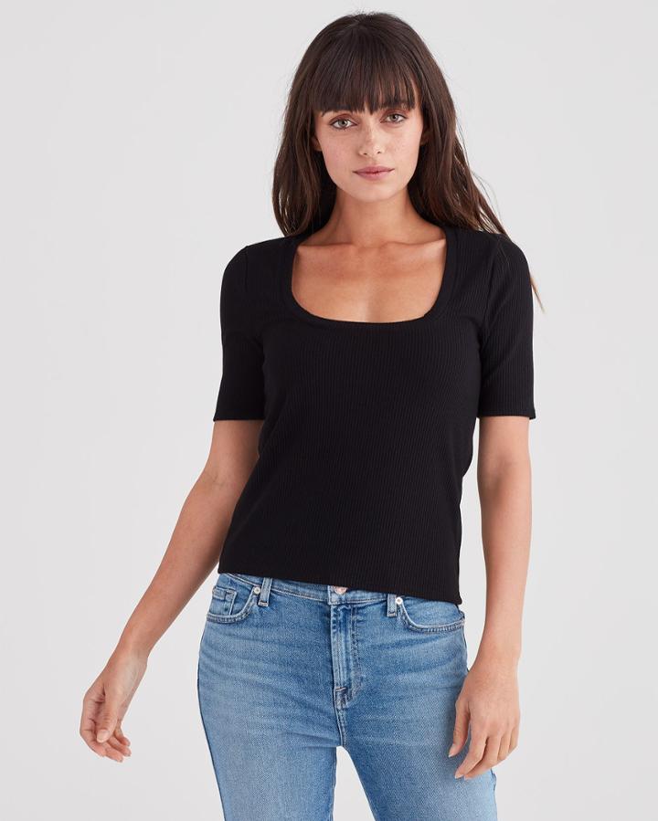 7 For All Mankind Ribbed Scoop Neck Tee In Black