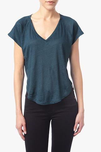 7 For All Mankind Linen High-low V-neck Tee In Teal