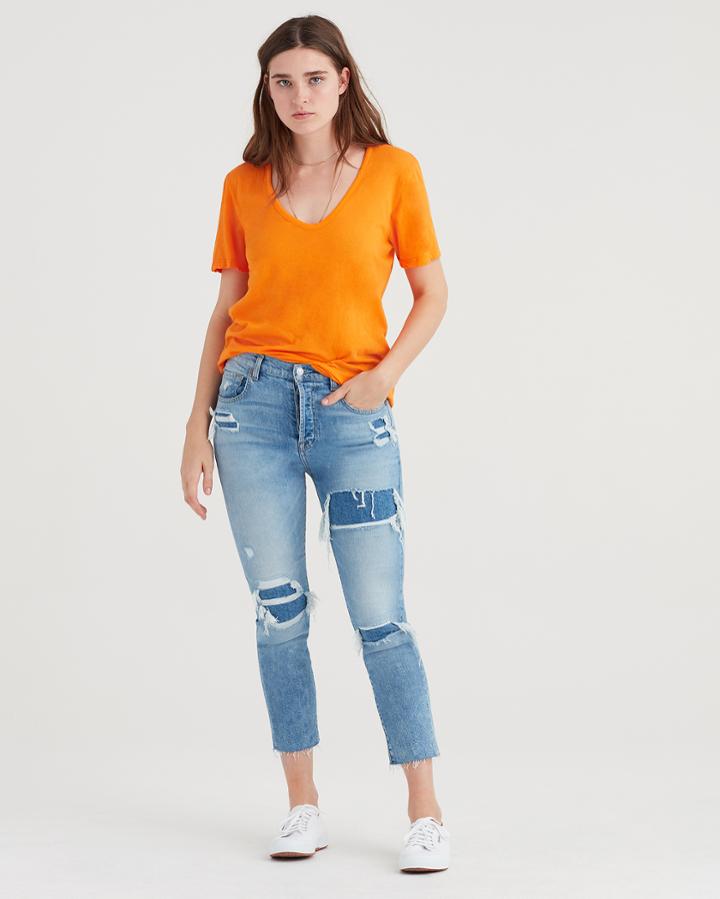 7 For All Mankind Curved Neck Tee In Electric Orange