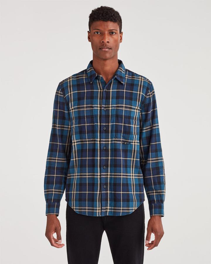 7 For All Mankind Men's Long Sleeve Tripple Needle Worker Shirt In Navy Plaid