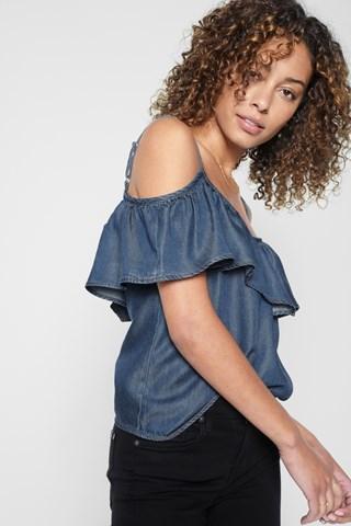 7 For All Mankind Cold Shoulder Ruffled Top In Park Medium Blue