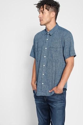7 For All Mankind Short Sleeve Linen Shirt In Navy