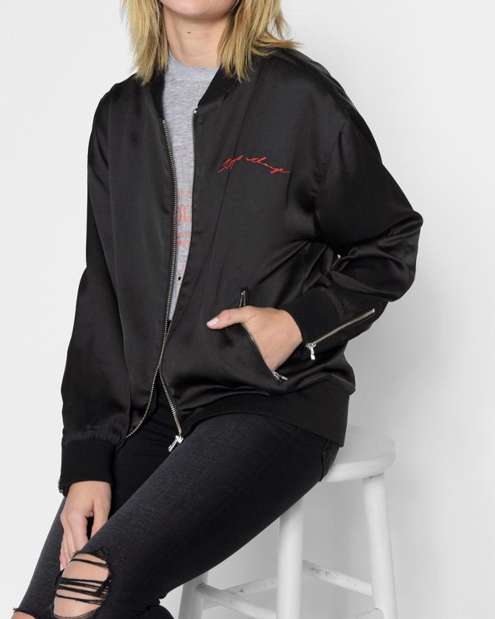 7 For All Mankind Women's Graphic Satin Things Change Bomber In Black With Red Embroidery