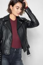 7 For All Mankind Leather Asymmetrical Zip Belted Moto Jacket In Black