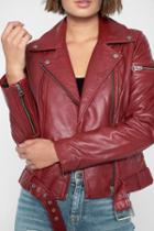 7 For All Mankind Leather Asymmetrical Zip Belted Moto Jacket In Rustic Wine