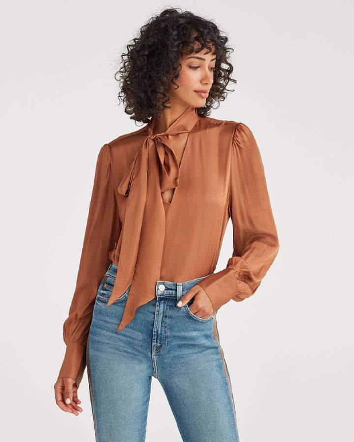 7 For All Mankind Women's V-neck Tie Neck Top In Penny
