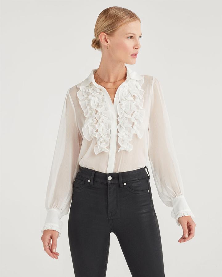 7 For All Mankind Women's Chiffon Ruffle Yoke Top In Soft White