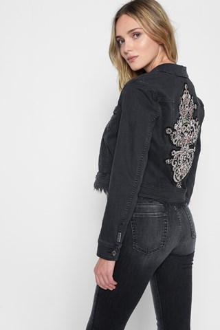 7 For All Mankind Crop Boyfriend Jacket With Baroque Applique In Bedford Black