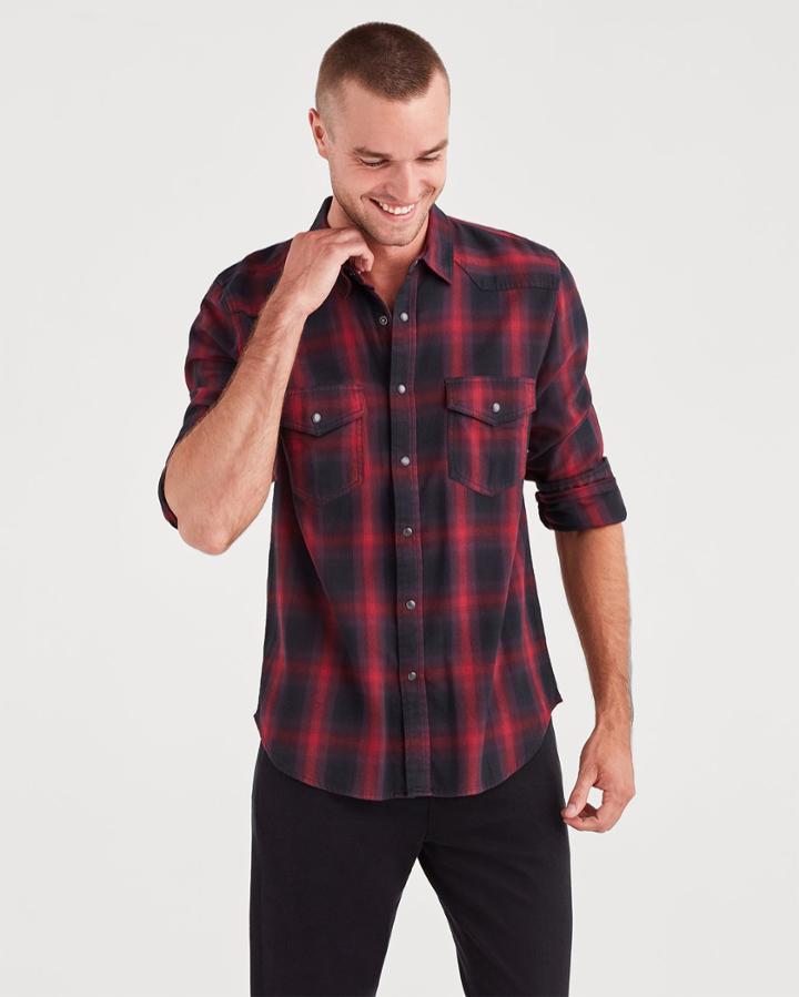 7 For All Mankind Long Sleeve Western Shirt In Vibrant Red And Black Plaid