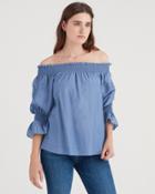 7 For All Mankind Off Shoulder Smock Top In Persian Blue