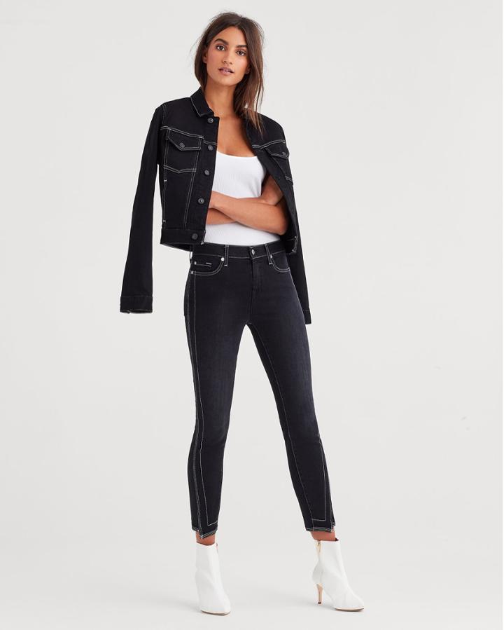 7 For All Mankind Ankle Skinny With Spliced Hem And White Stitching In Black Sateen