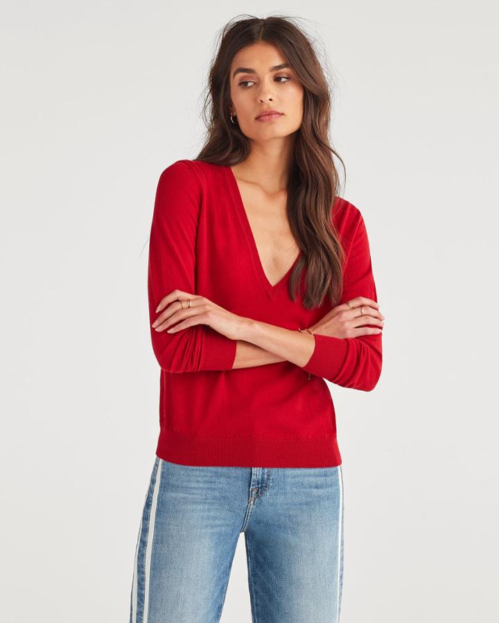 7 For All Mankind Women's Classic V-neck Sweater In Red