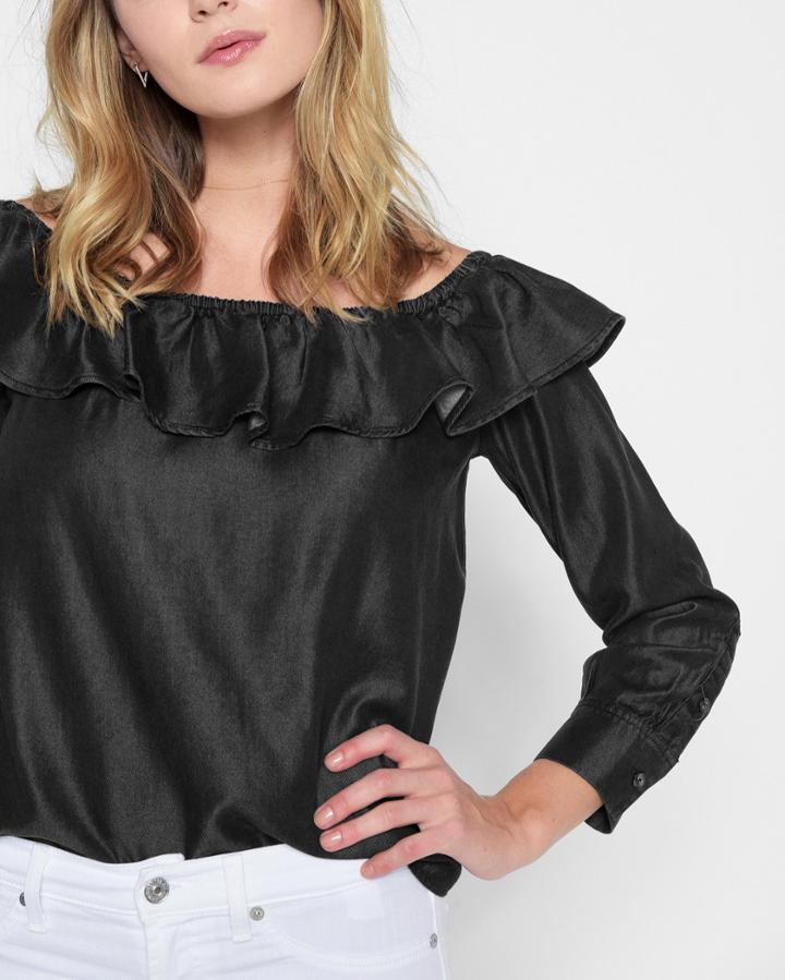 7 For All Mankind Women's Long Sleeve Ruffled Off Shoulder Top In Black