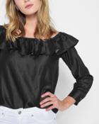 7 For All Mankind Women's Long Sleeve Ruffled Off Shoulder Top In Black