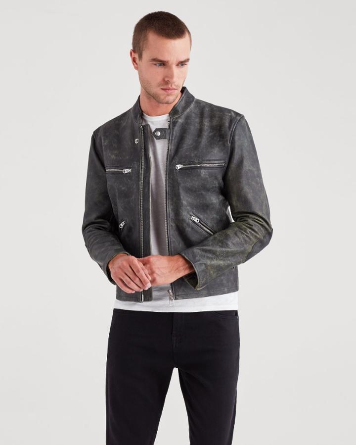 7 For All Mankind Caf Racer Jacket In Black With Natural Ground