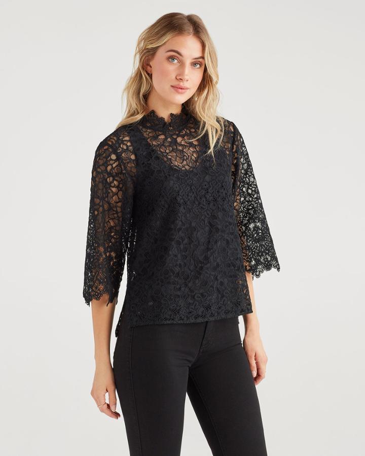 7 For All Mankind Women's Scallop Lace Short Sleeve Top In Jet Black