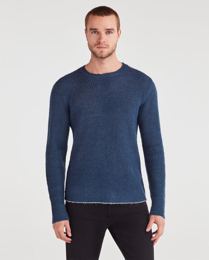 7 For All Mankind Contrast Linking Sweater In Steel Blue With White Linking