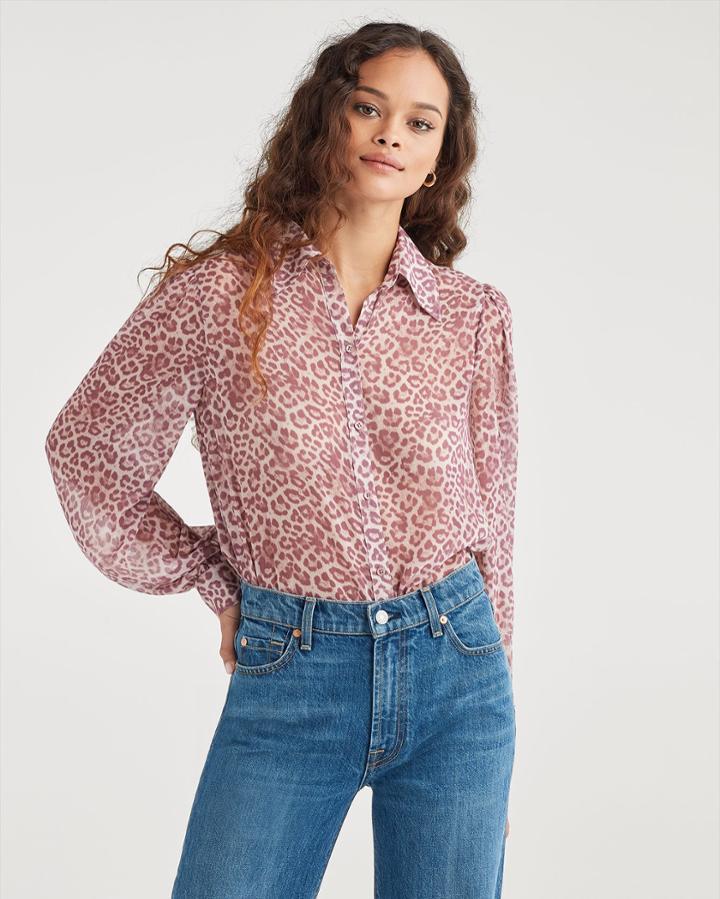 7 For All Mankind Women's Puff Sleeve Chiffon Button Up Shirt In Rose Leopard
