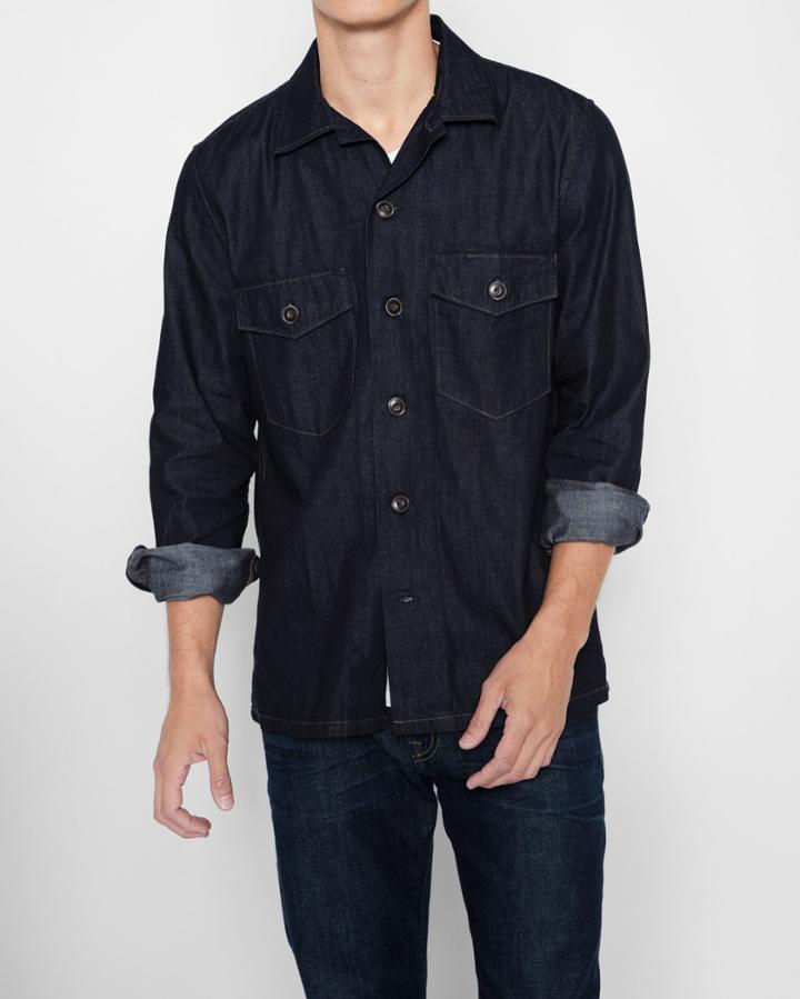 7 For All Mankind Men's Long Sleeve Denim Military Shirt In Dark Indigo Rinse