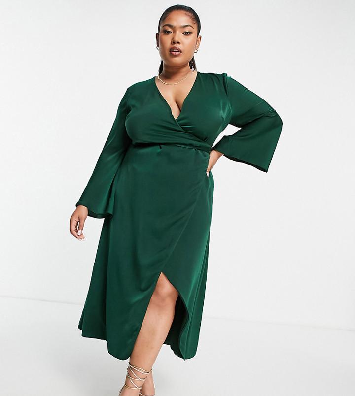 Asos Design Curve Bias Cut Satin Wrap Dress With Tie Waist In Forest Green