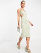 Asos Design Scallop Cut Out Midi Dress In Sage-green