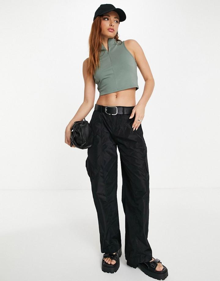 Asos Design Tank Top With Zip In Khaki-green