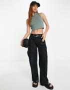 Asos Design Tank Top With Zip In Khaki-green